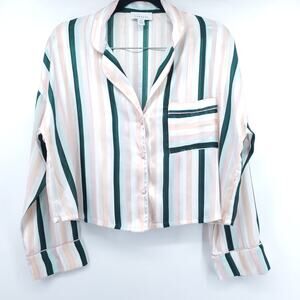 TopShop Women Cropped Satin Green Pink Stripe Collard Breast Pocket| S
